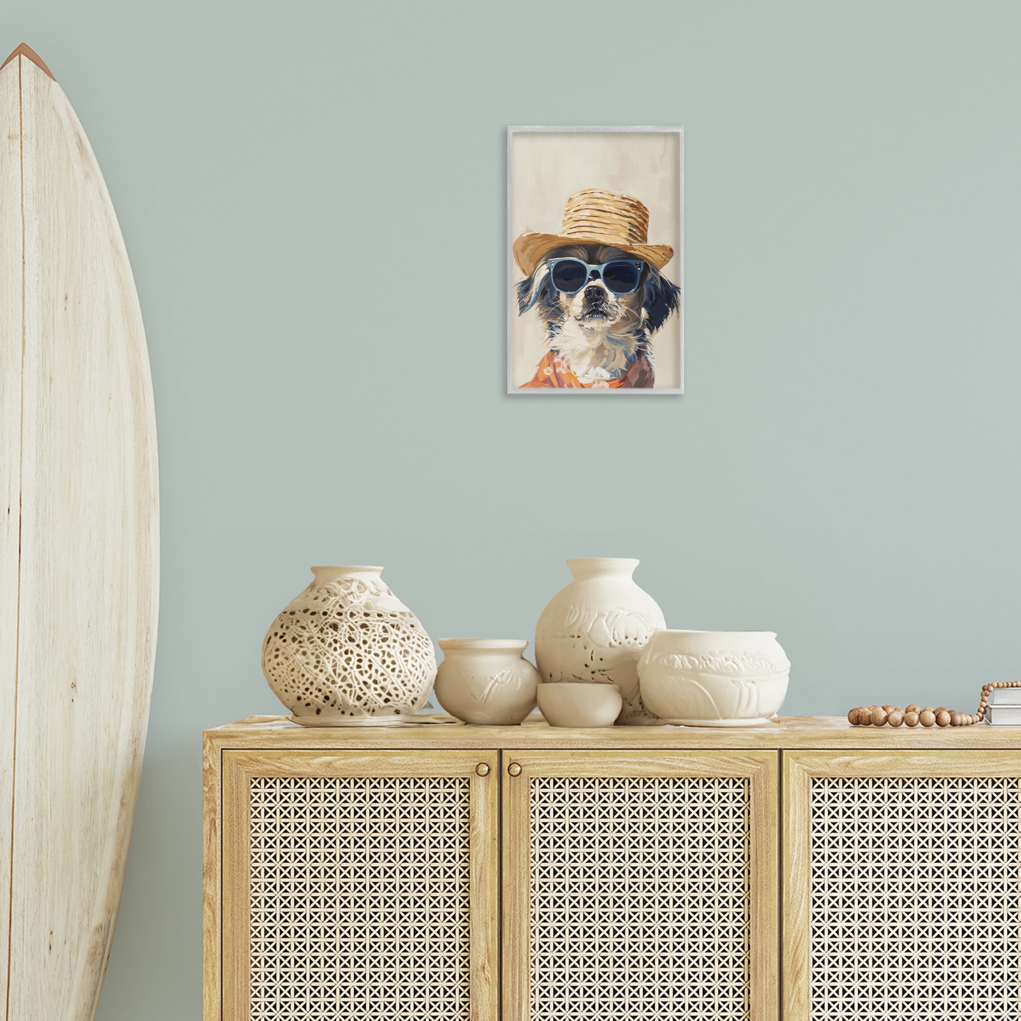Stupell Industries Beach Vacation Pup Animals & Insects Painting Gray Framed Art Print Wall Art, 12 x 18