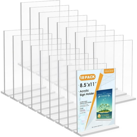 Acrylic Sign Holder 8.5x11 Inches 18 Pack, Double Sided Clear Display Stand Table Top Paper Holder, Vertical Menu Flyer Stand, Plastic Frame for Stores, Restaurants, Hotels, Office