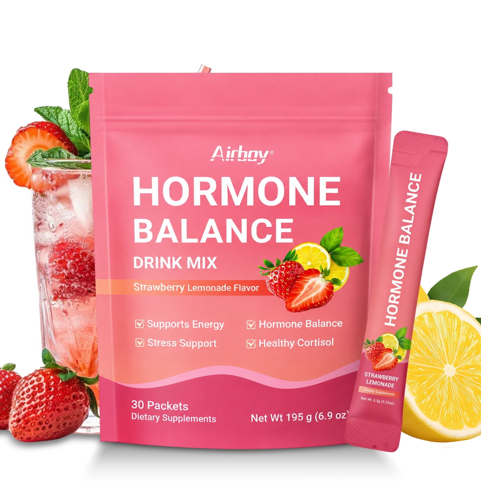 HORMONE BALANCE Drink Mix - Shatavari, Myo-Inositol, Rhodiola Rosea, Vitamin C, Magnesium, Theobromine - Hormone Balance & Stress Support, Strawberry Lemon - 30 Packets