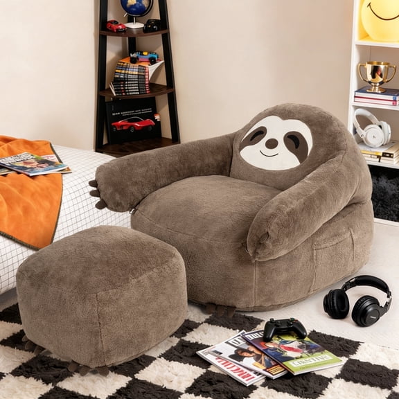 PamapicLife Comfy Foam Filled Sloth Bean Bag Chair With Ottoman, Brown