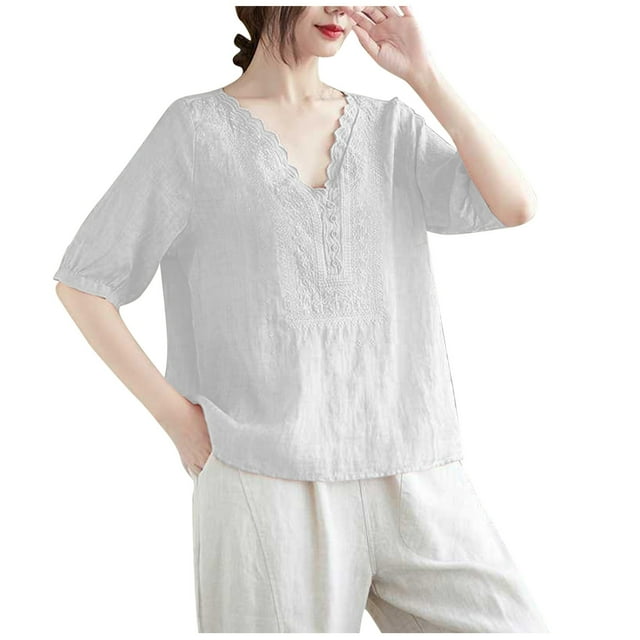 Fiudx Ofertas Flash Del Día Blusas Camiseras de Manga Corta con Botones y Cuello de Lino y Color Liso para Mujer