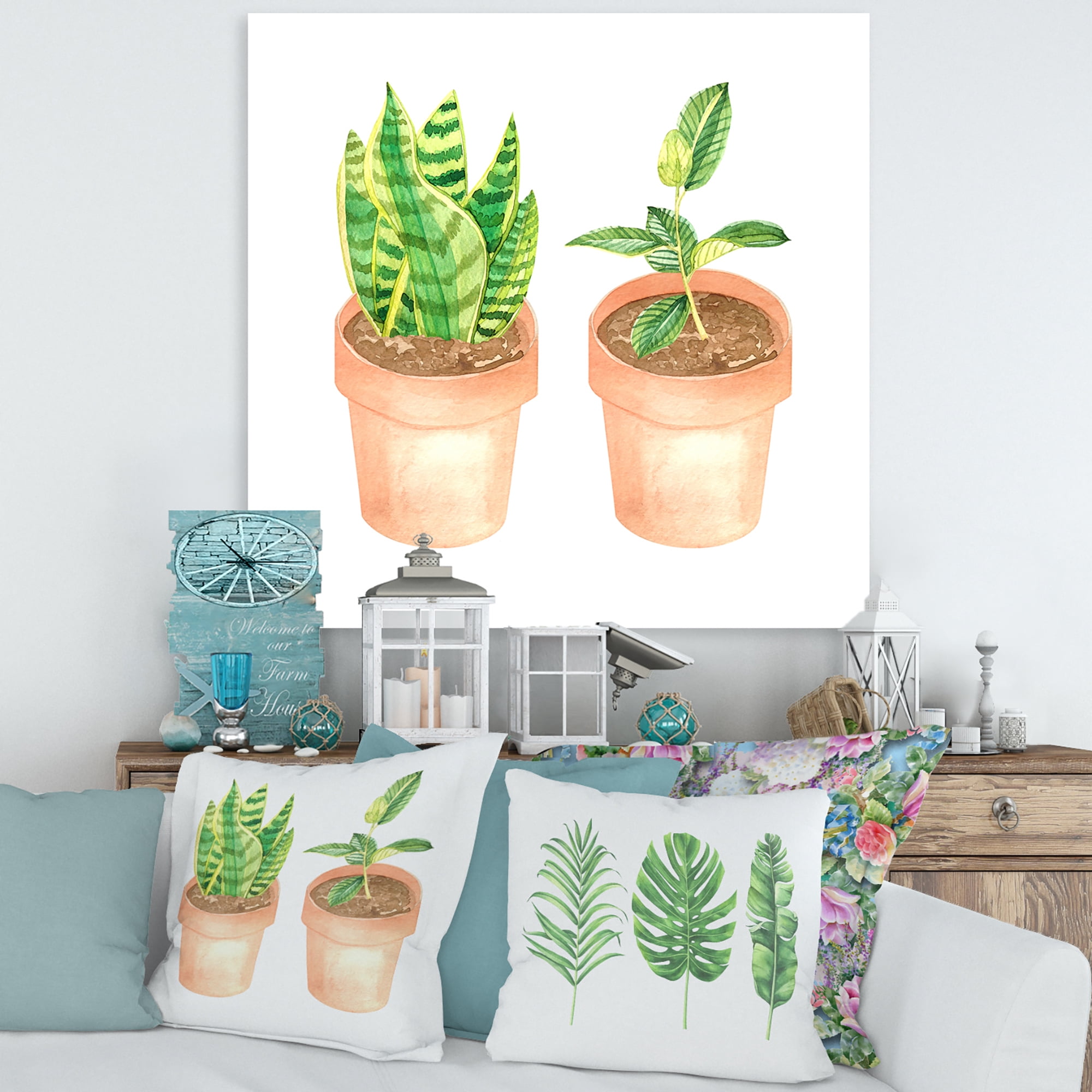 Ficus and Sansevieria Indoor Green Home House Plants 30 in x 30 in Painting Canvas Art Print, by Designart