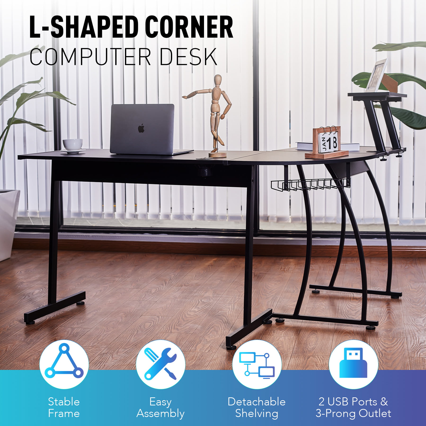 L Shaped Gaming Desk W Monitor Stand and Charging Station 44x19 Black Home for sale online 