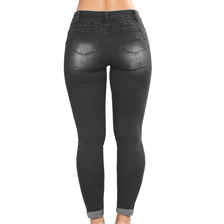YYDGH Women High Waist Skinny Stretch Ripped Jeans Destroyed Denim Pants Black M Walmart
