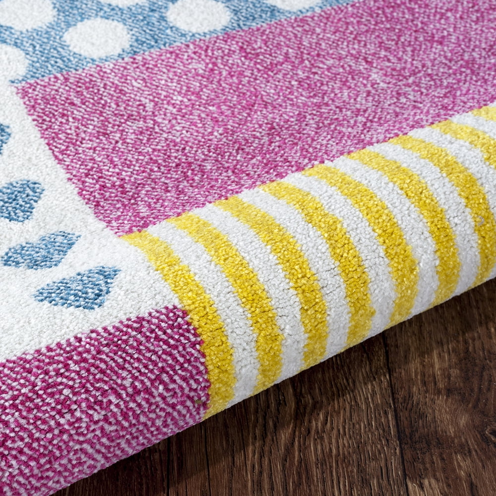LR Home Ziv 1'10" x 3' Pink/Yellow Patchwork Durable Performance Children’s Indoor Area Rug