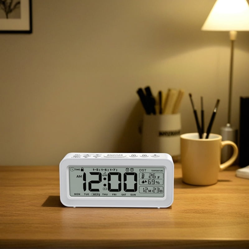 Digital Alarm Clock with Temperature Humidity Countdown LCD Calendar Weekday Display Battery Powered for Home Office Décor