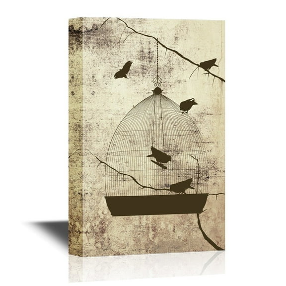 wall26 - Canvas Wall Art - Birds and Bird Cage on Abstract Vintage Background - Gallery Wrap Modern Home Art | Ready to Hang - 24x36 inches