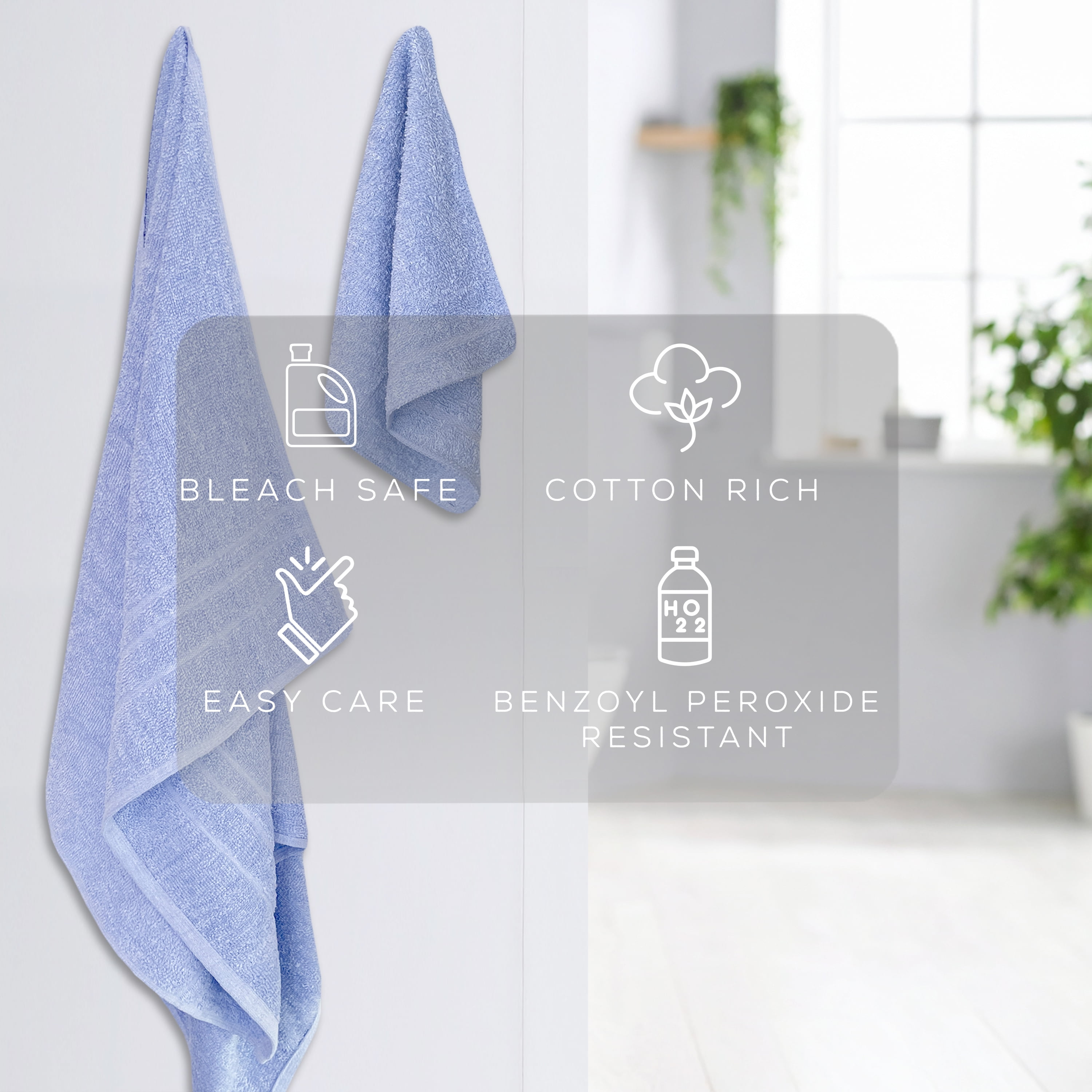 True Hue 24 Piece Cotton-Recycled Polyester Bleach Safe Bath Towel Set, Blue