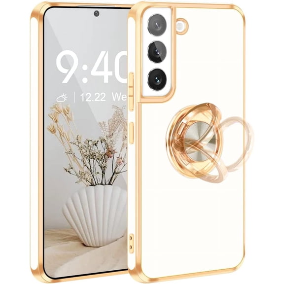 For Samsung Galaxy S22 Case with Ring Stand, [360° Rotatable Ring Holder Magnetic Kickstand] [Shiny Plating Gold Edge] Slim Soft TPU Shockproof Protective Cover Case for Women Men, White