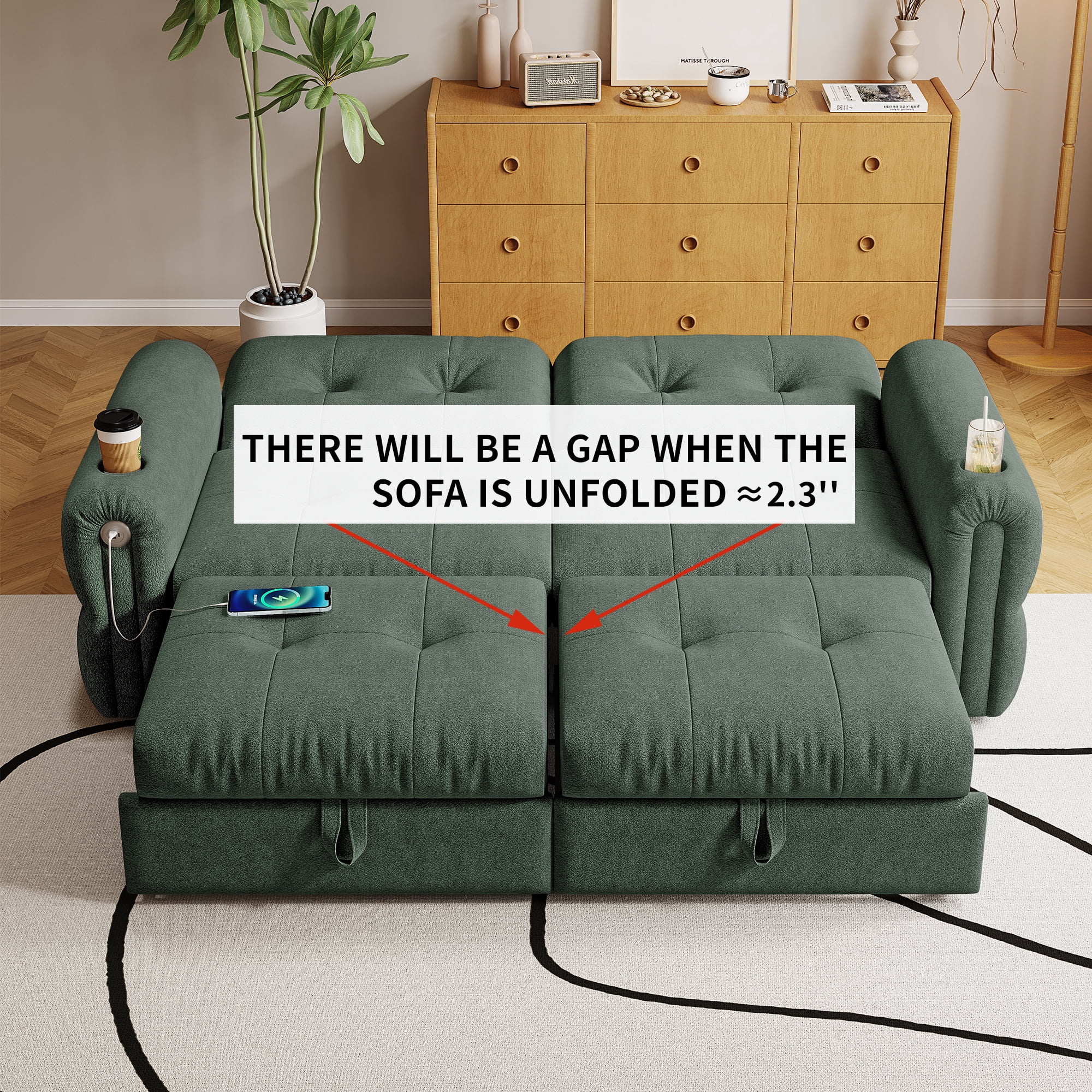 3-in-1 Chenille Tufted Sleeper Sofa Bed, Convertible Loveseat Chaise, Indoor Multi-Functional Daybed with Charge Ports & Cup Holders