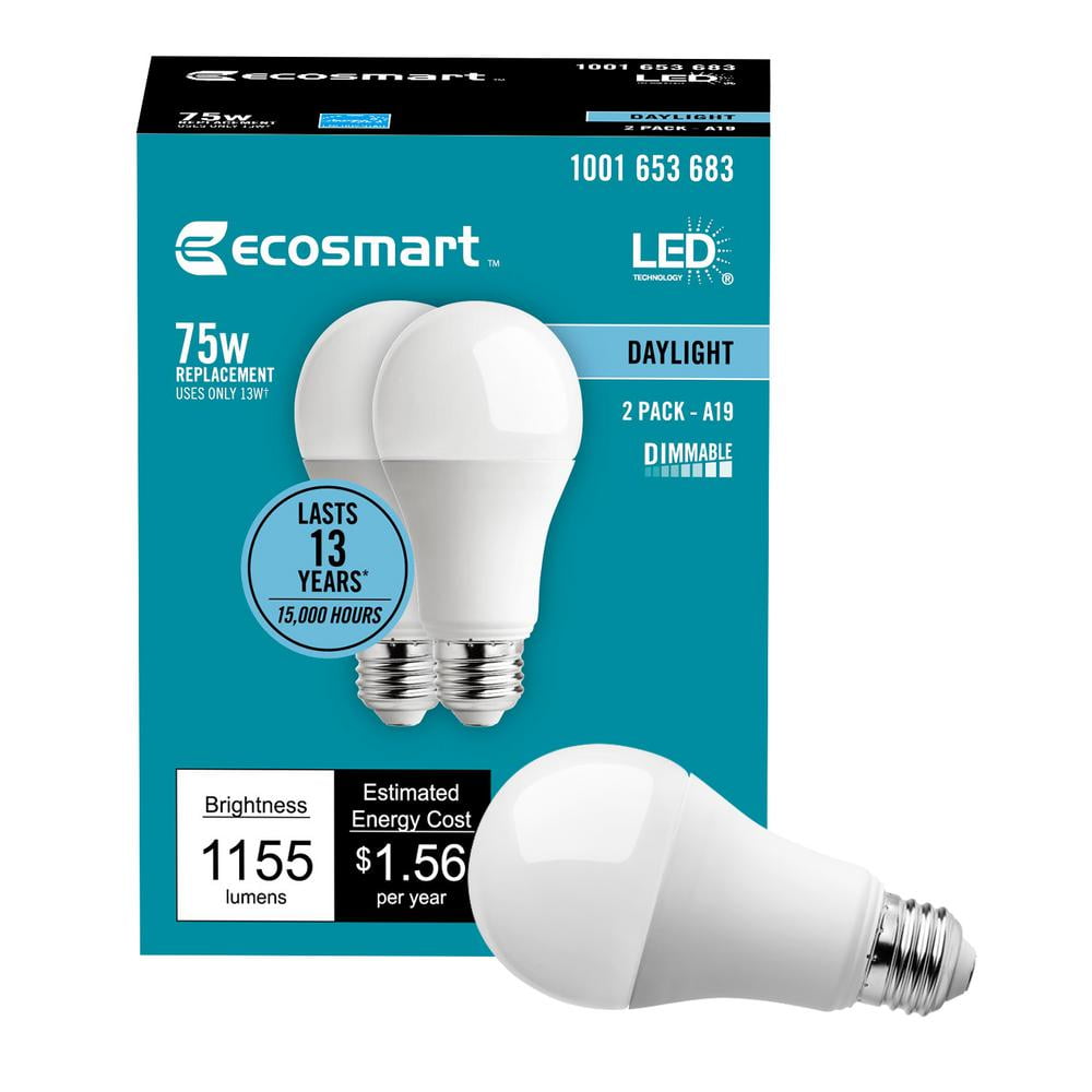EcoSmart 75-Watt Equivalent A19 Dimmable Energy Star LED Light Bulb Soft White 2-Pack 