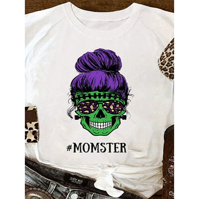Julyccc T-Shirt Décontracté à Manches Courtes Imprimé Crâne d'Halloween pour Femmes
