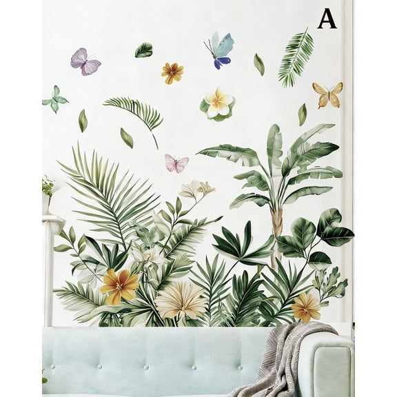 Botanical Wall Decal,Tropical Leaf and Flower Wall Sticker,Peel and Stick Green Wall Art for Living Room, Bedroom,  Office Decor
