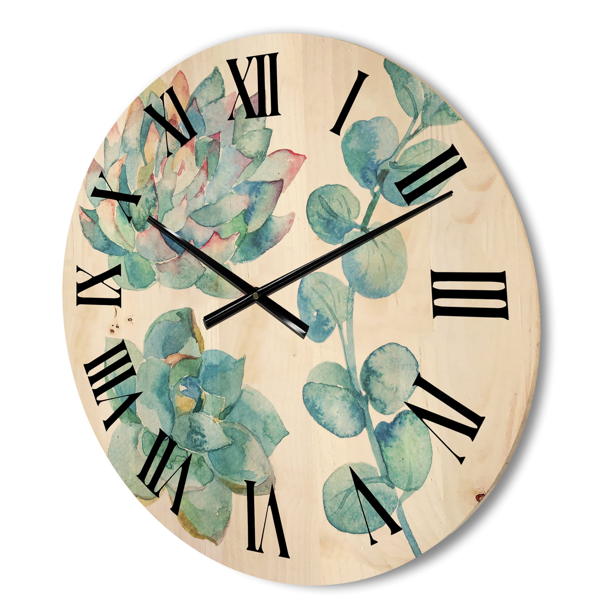 Designart 'Succulents and Eucalyptus Leaves' Traditional Wood Wall Clock
