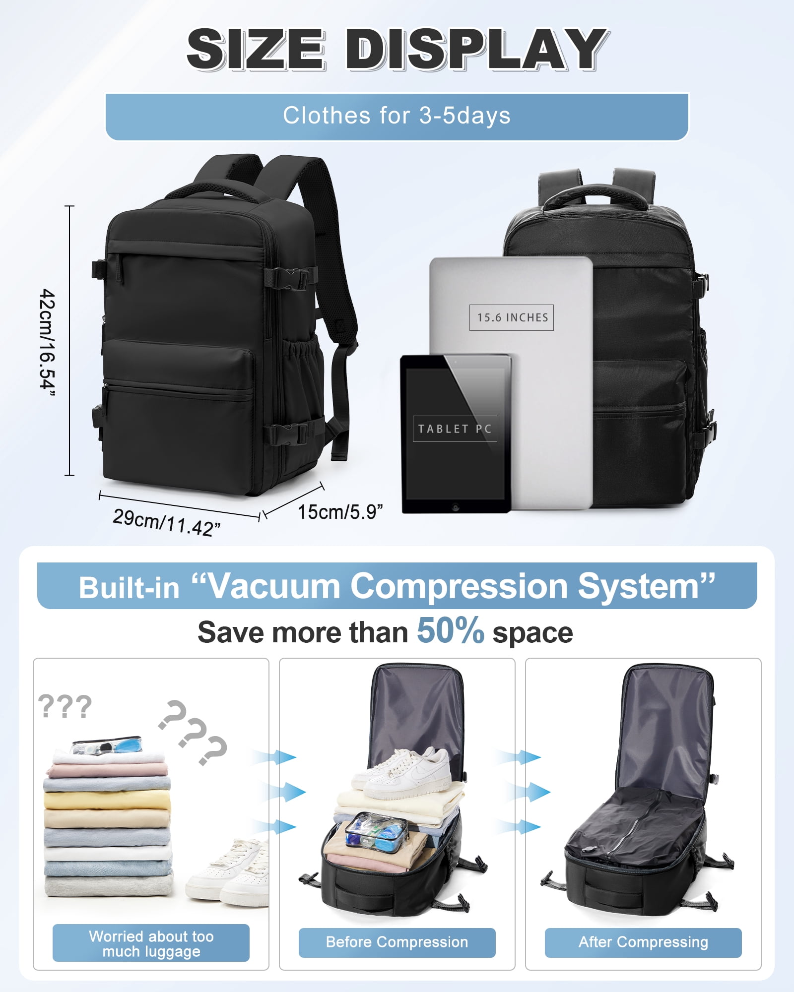 Travel Vacuum Backpack with Air Pump, Vacuum Seal Carry on Backpack for Airplanes for Women and Men, Black , 11.42 in. x 5.90 in. 16.54 in