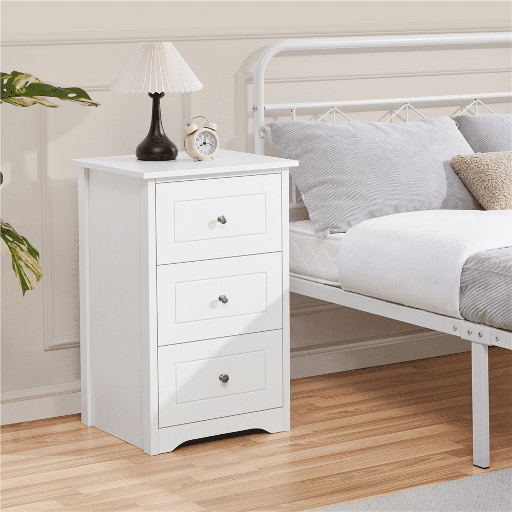Fullfurnique Table de Chevet Moderne en Bois avec Trois Tiroirs, Blanc