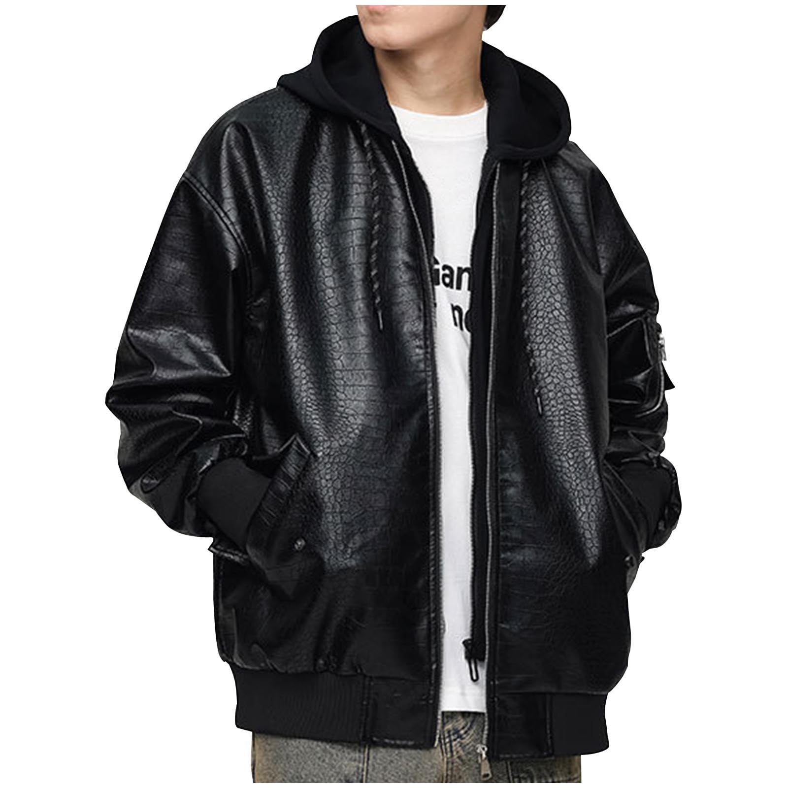 Maoxin Mens Leather Jacket Men Fashion Solid Color Zipper Pocket Hooded Long Sleeve Hooded Leather Outwear Leather Jacket Men