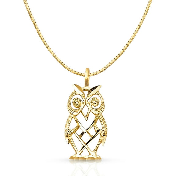 14K Yellow Gold Owl Charm Pendant with 0.8mm Box Chain Necklace