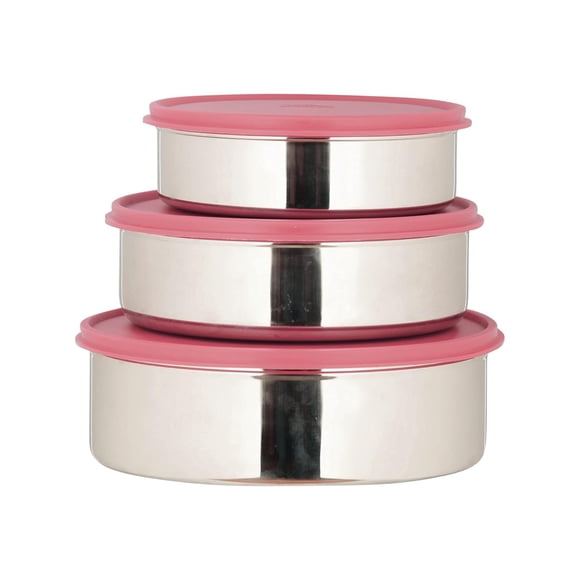 Stainless Steel Round Shape Set Of 3 Storage Containers With Flat Lid - Pink, 1900ml+ 1250ml+ 750ml | Multipurpose Air Tight Food Storage Container - BPA Free, Leak Proof, Dishwasher & Freezer Safe