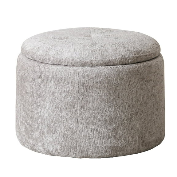 Modern Round Storage Ottoman, Chenille Ottoman Foot Stools, Ottoman Footstool with Removable Lid, Storage Ottoman for Living Room, Light Gray