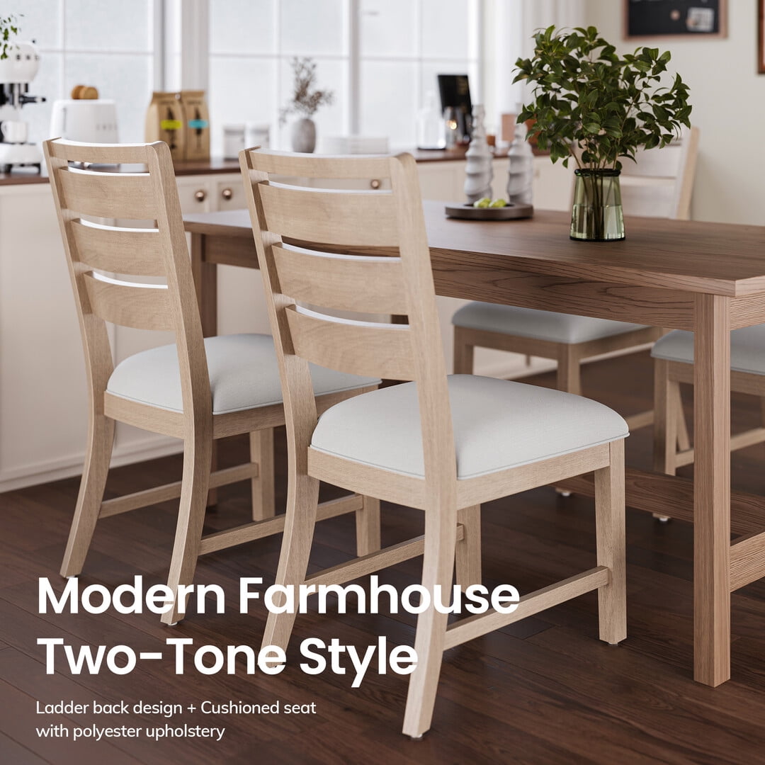 COLAMY Farmhouse Wood Dining Chairs Set of 4, Rustic Ladder Back Kitchen Side Chair with Upholstered Seat, Natural Wood