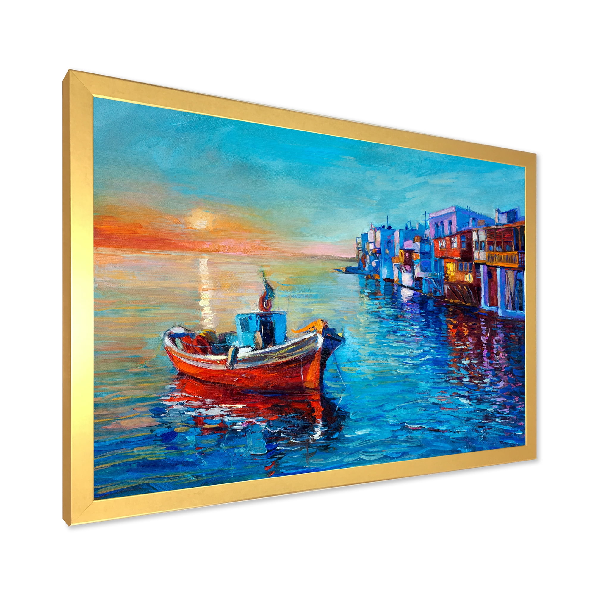 Designart 'Boats Near Coastal Town Resting On The Water I' Nautical & Coastal Framed Art Print