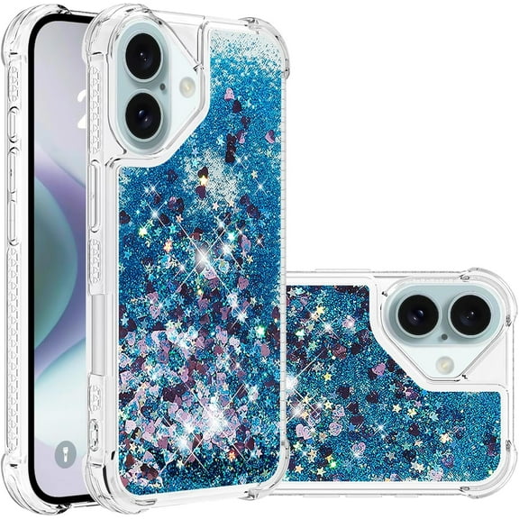 KOMI Compatible with iPhone 16 Plus 2024 Glitter Case Clear Flowing Liquid Quicksand Case Girly Women Sparkly Bling Soft TPU Protective Bumper Case for iPhone 16 Plus 6.7 inch. YBL Love Blue