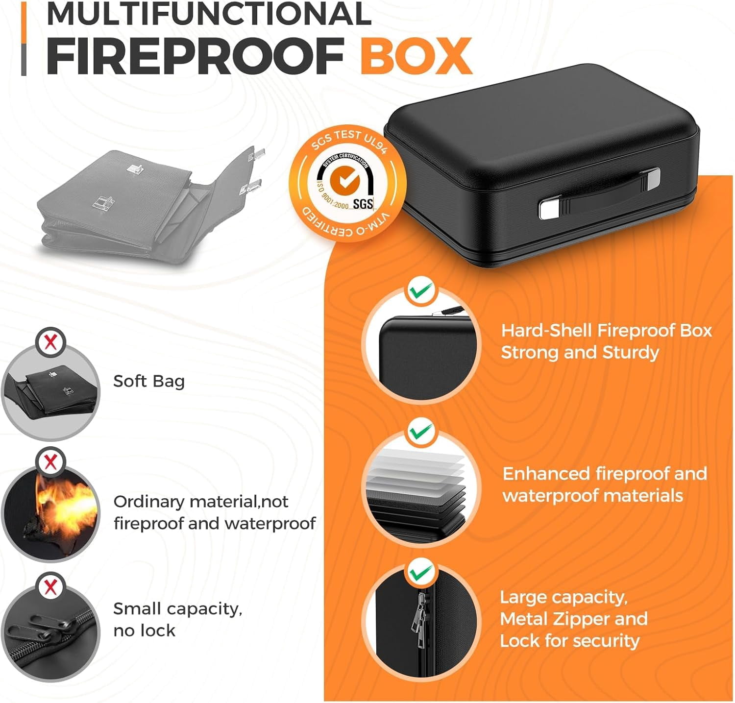 ASKITO Fireproof Document Box, Portable Hard Case Fireproof Box with Lock, Fireproof Water Resistant Safe Box File Organizer for Important Documents Certificates Laptop Passports, Black