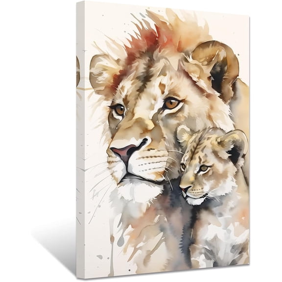 ZHONGYUTONG Lion Canvas Wall Art Lion Family Picture Prints Lion and Lioness Paintings Watercolor Animals Artwork Home Decor Framed (12.00" x 18.00")