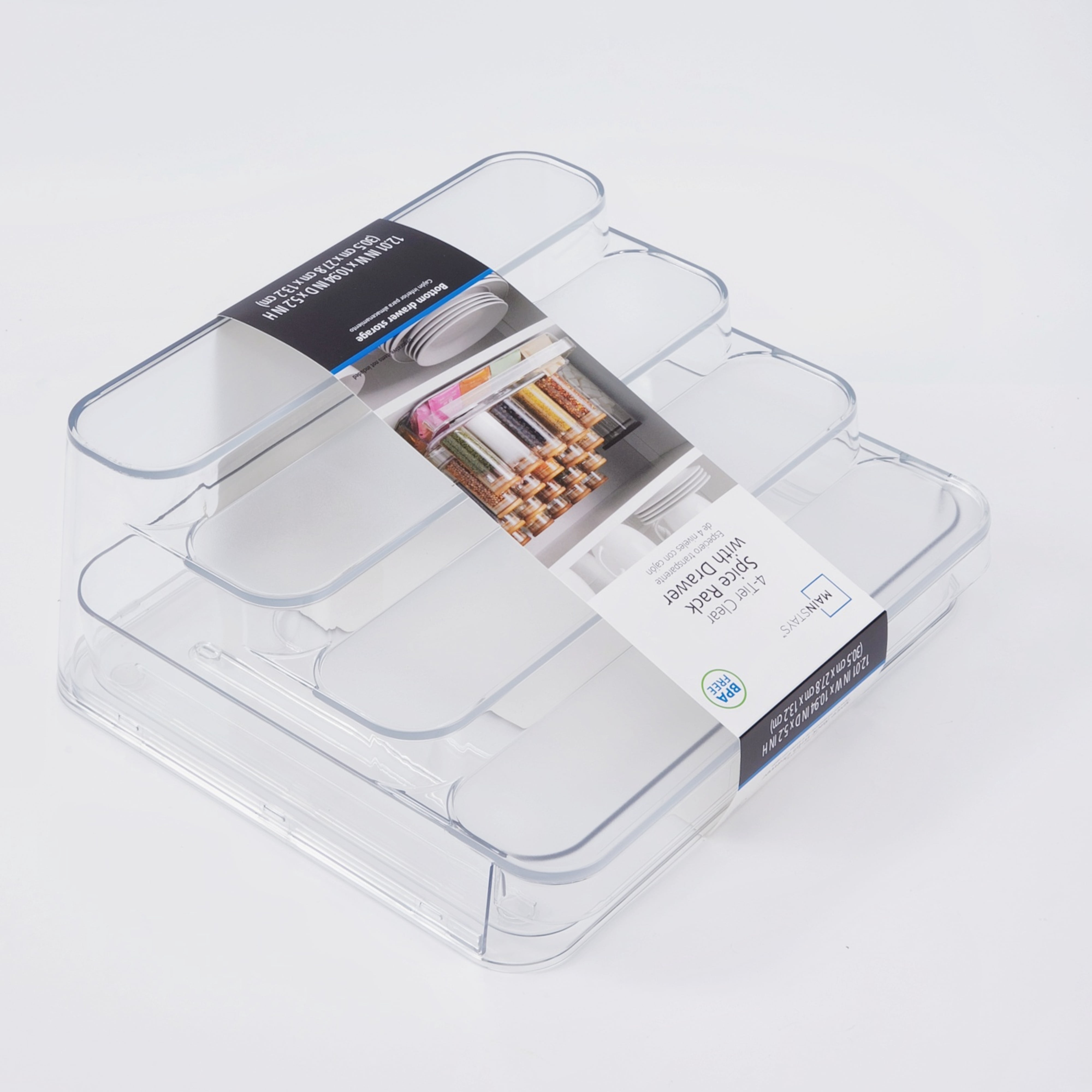 Mainstays Clear 4 Tier Spice Rack With Drawer, Ideal for Kitchen Storage and Organization of Spices ansd Countertop Spice Display, Added Drawer for Organization and Storage