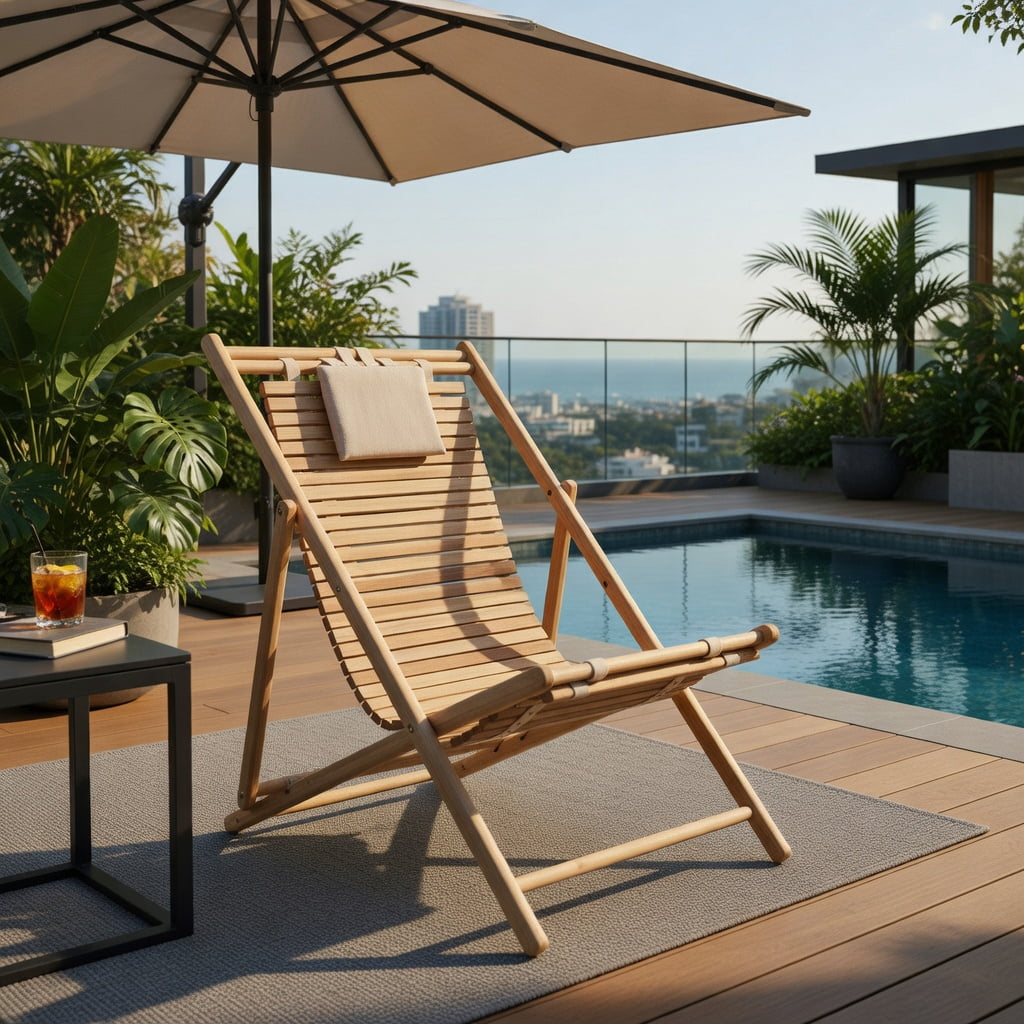 Hommoo Solid Fir Wood Folding Lounge Chair with 3-Position Adjustable Backrest & Plush Padded Headrest, for Patio, Backyard, Porch, Natural