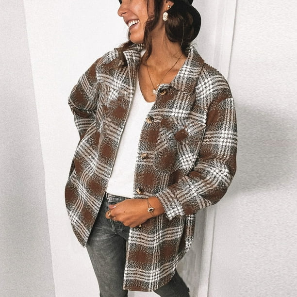 XZNGL Plaid Jacket Women Women Fashion Outwear Plaid Print Long