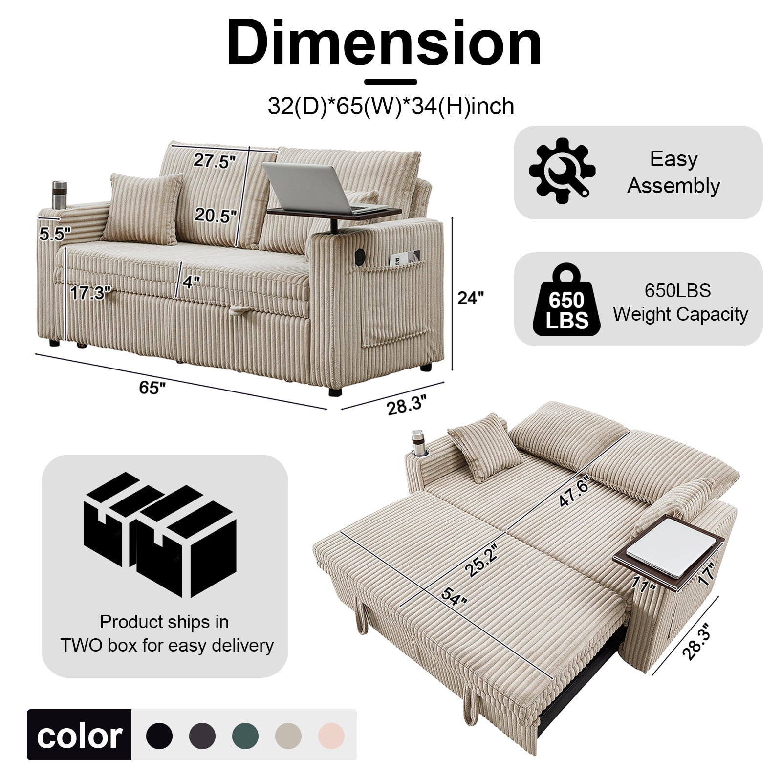 Dreamzie 3 in 1 Convertible Sofa Bed, 65” Sleeper Sofa with Pull Out Couch Bed, Corduroy Loveseat with 360° Swivel Side Table | USB Port | Adjustable Backrest for Living Room, Apartment (Light Grey)
