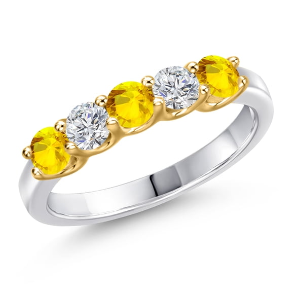Gem Stone King 10K Two Tone Gold Yellow Sapphire and Lab Grown Diamond Wedding-Bands Ring for Women | 0.82 Cttw | Round 3.5MM | Gemstone September Birthstone | Size 7