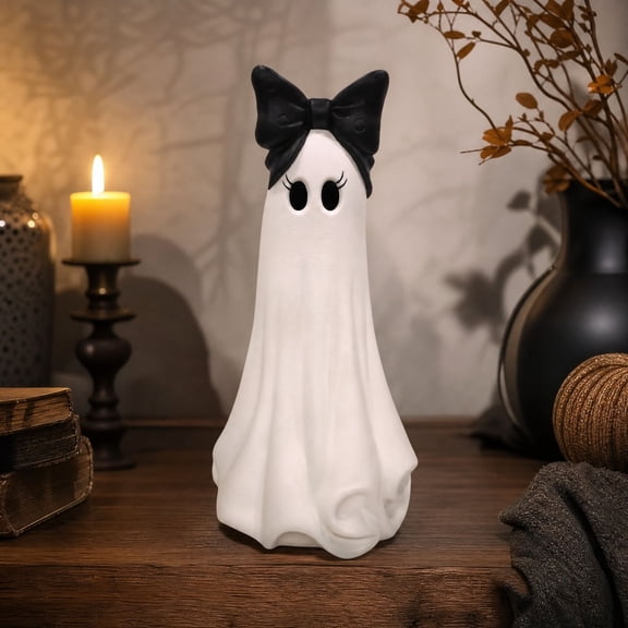 Large Ghost with Bow Tabletop Decoration, Halloween Ghost Figurine, Spooky 3D Print Statue For Mantel Shelf Entryway Table Fall Holiday Decoration, Black and White, 10"