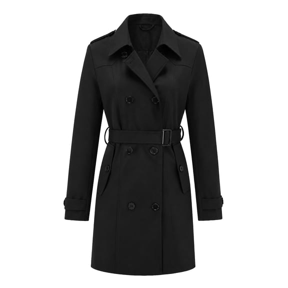 Heting Women's Double-Breasted Trench Coat, Mid-Length Windproof Belted Overcoat with Water-Resistant Fabric for Travel & Office Black Medium