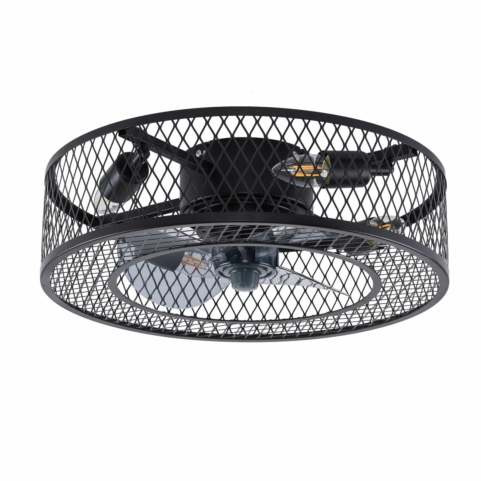 Miumaeov 18'' Rustic Metal Caged Ceiling Fan Light Semi Flush Mount Fan Chandelier 3 Speeds with Remote Control Black