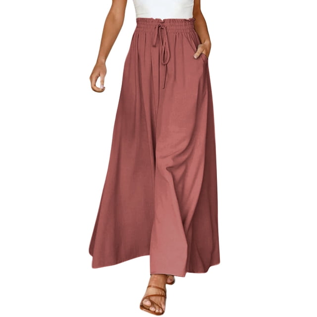 GZWYHT Wide Leg Pants,Palazzo Pants,Women's Wide Leg Pants Flowy Ruffle Solid Color Drawstring Waist Pants,Flowy Pants,High Waisted Pants,Sweatpants Women,Watermelon red,L