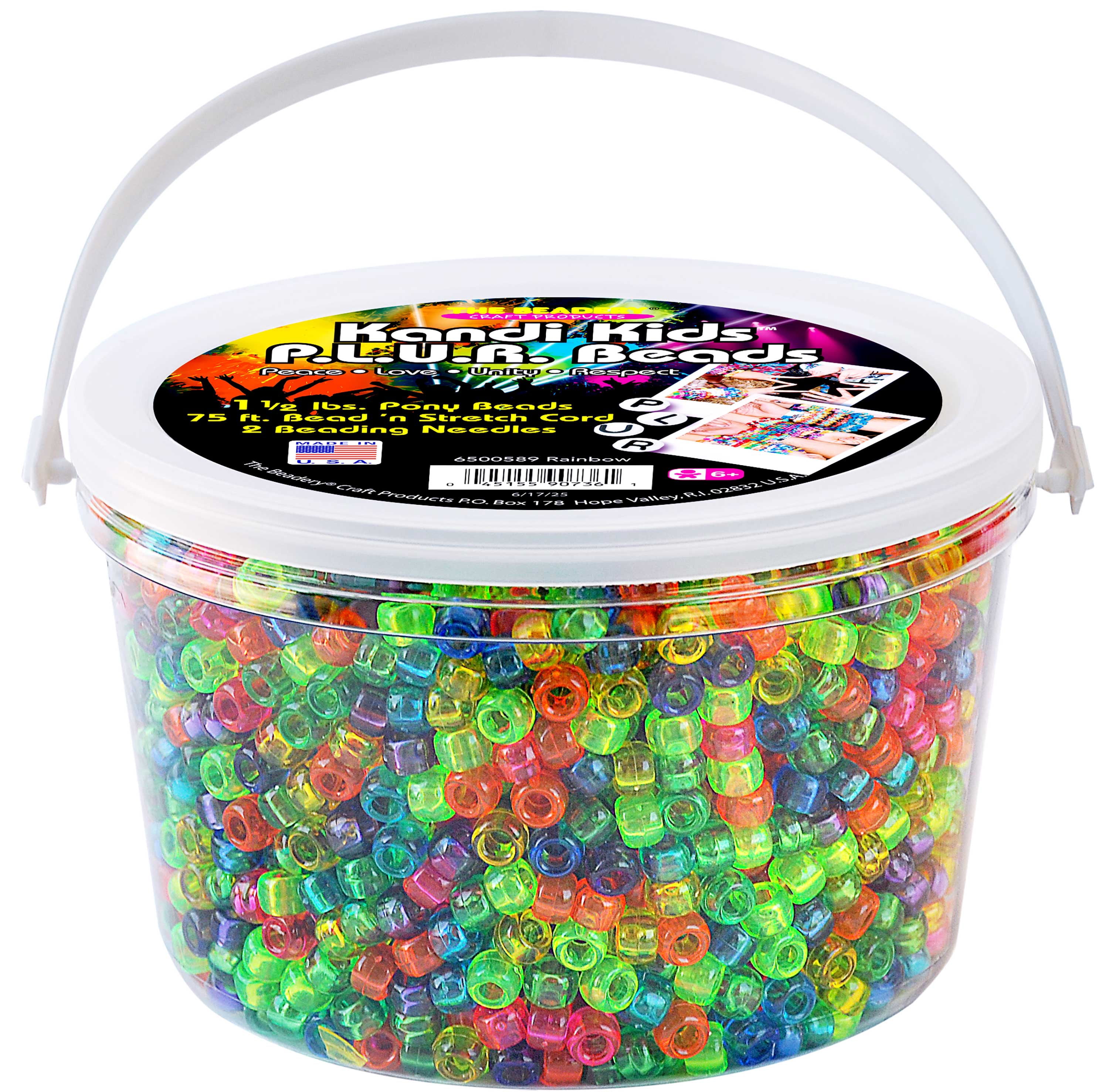 The Beadery - Kandi Kids Bucket, Rainbow Multi - 6 Lbs Beads, Cord, Needles in 4 Tubs - USMP6500589