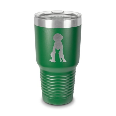 

Cat Dog Tumbler 30 oz - Laser Engraved w/ Clear Lid - Stainless Steel - Vacuum Insulated - Double Walled - Travel Mug - cats dogs love kitty puppy rescue adopt - Green