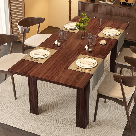 Hawsaiy 59–77" Extendable Farmhouse Dining Table for 6–8, Rectangular Space-Saving Kitchen Table with Hidden Leaf for Dining & Work, Walnut