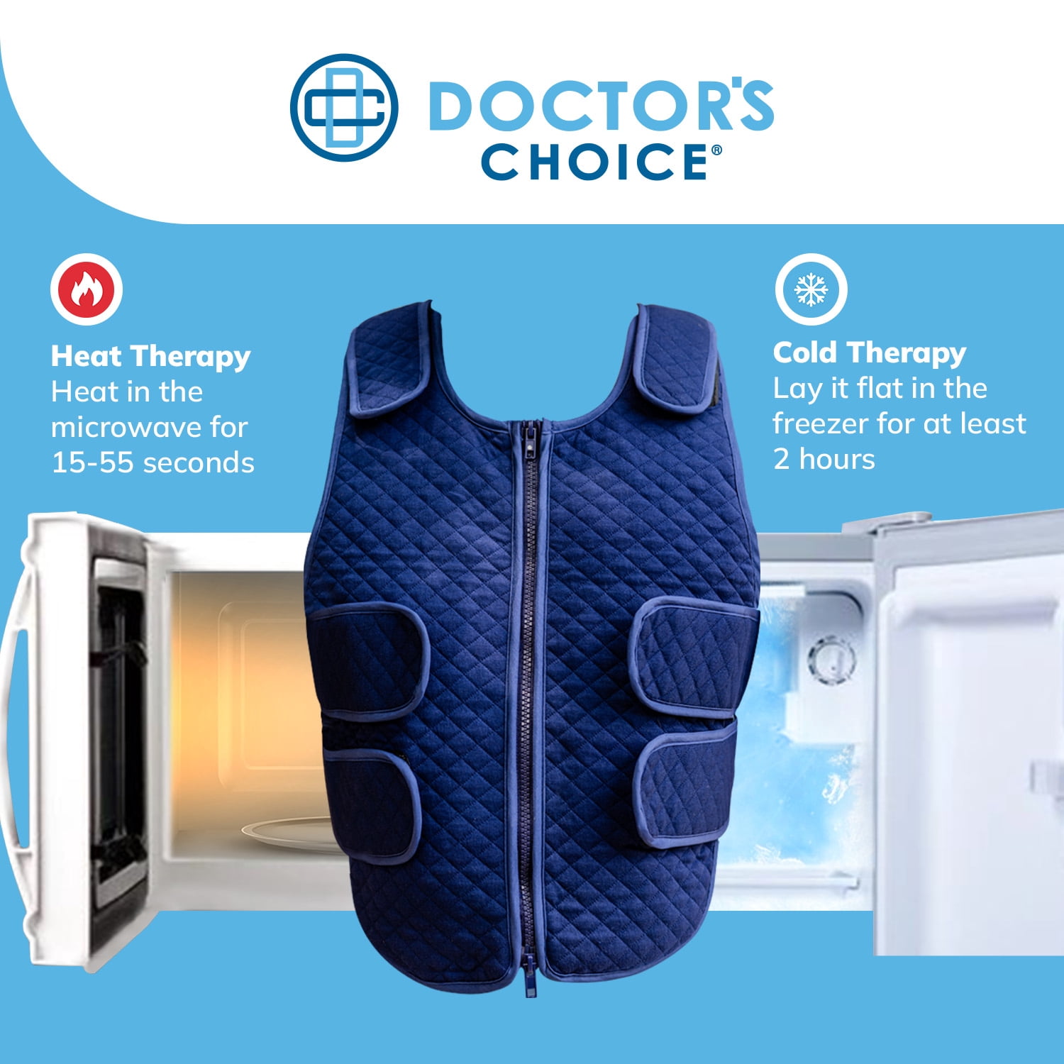 Doctor's Choice Cooling Vest, Hot and Cold Therapy for Pain Relief and Inflammation, 7 pieces, Removeable gel ice packs, Vest, One Size Fits Most, Navy, 1 pack