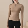 thumbnail image 5 of Women Long Sleeve Workout Tops Lightweight Half Zip Up Slim Fit Athletic Yoga Running Casual Shirts with Thumb Holes Khaki L, 5 of 7