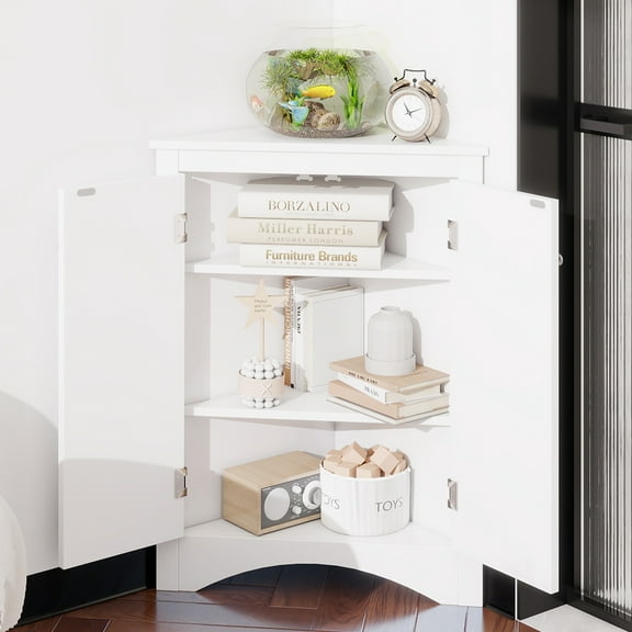 White Triangle Bathroom Storage Cabinet with Adjustable Shelves, Freestanding Floor Cabinet for Home Kitchen