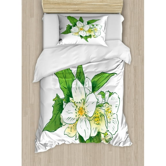 Jasmine Duvet Cover Set Twin Size, Watercolor Effect Jasmine Nosegay Print Freshness Purity Theme, Decorative 2 Piece Bedding Set with 1 Pillow Sham, Lime Green Marigold and White, by Ambesonne