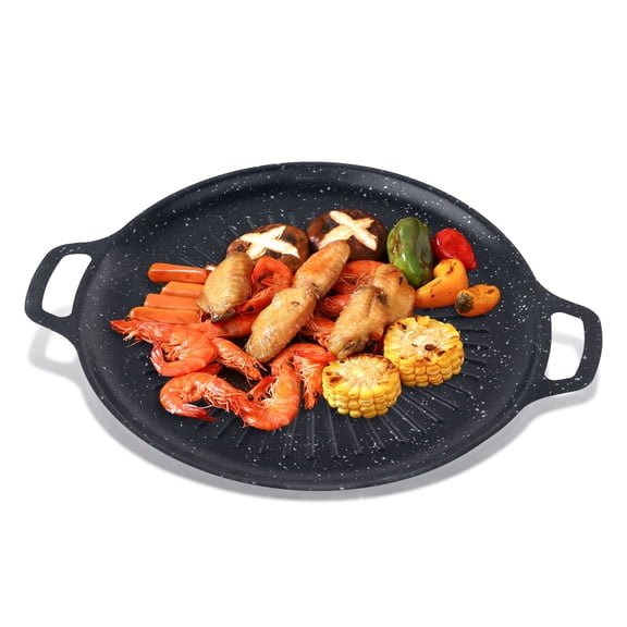 13.1" Cast Iron Griddle with Handles, Ribbed Cast Iron Grill Pan, Round Griddle Pan Plate for Stove Tops Gas Grills Oven Cooking Frying Grilling