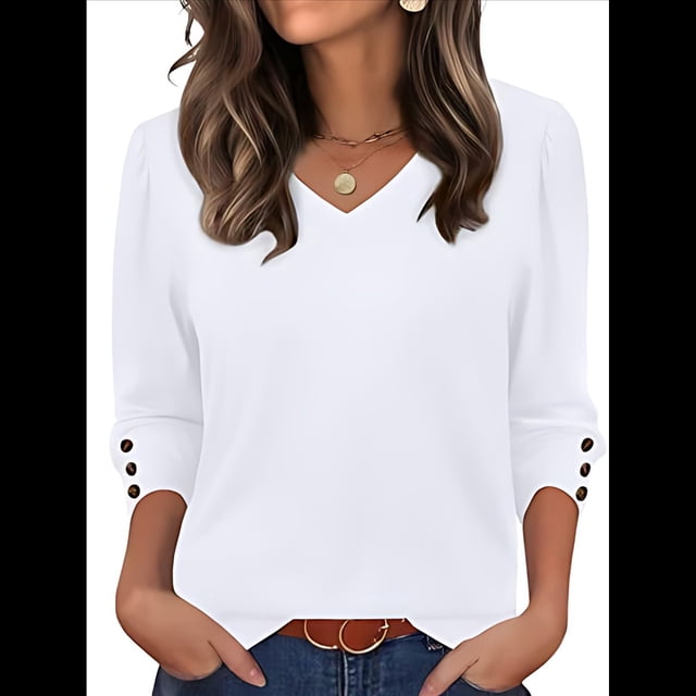 Blusas de 3/4 con Botones y Cuello en V para Mujer, Ropa Informal de Verano para Vacaciones de Playa, Ropa de Otoño 2025 XXL