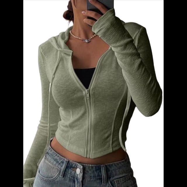 Chaqueta Corta Ligera con Capucha, Cremallera y Cordón de Larga para Mujer Verde L