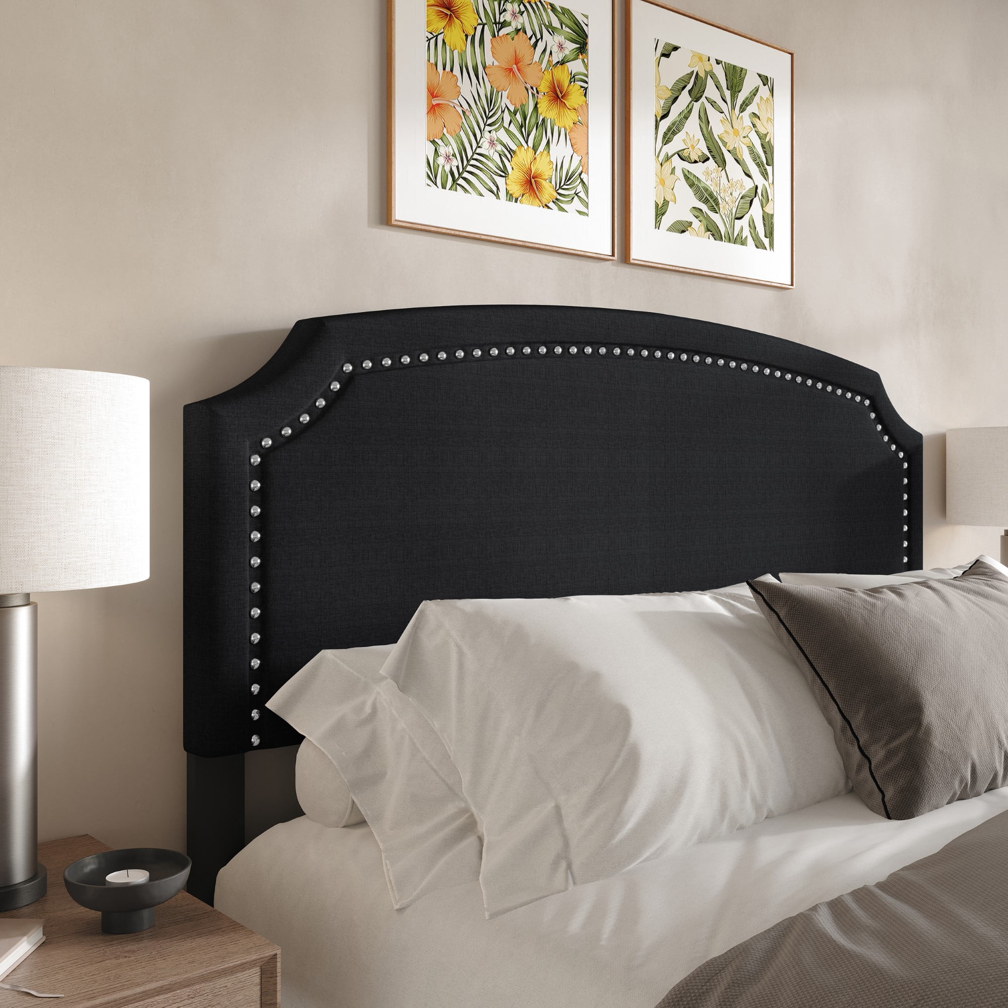 Home Design Bowie Twin Upholstered Headboard with Adjustable Height and Nailhead Trim, Black, Easy Assembly