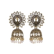 Crunchy Fashion Bollywood Jewellery Traditional Ethnic Bridal Bride Wedding Bridesmaid Gold-Plated Crown Peacock Kundan Work Jhunka Earrings